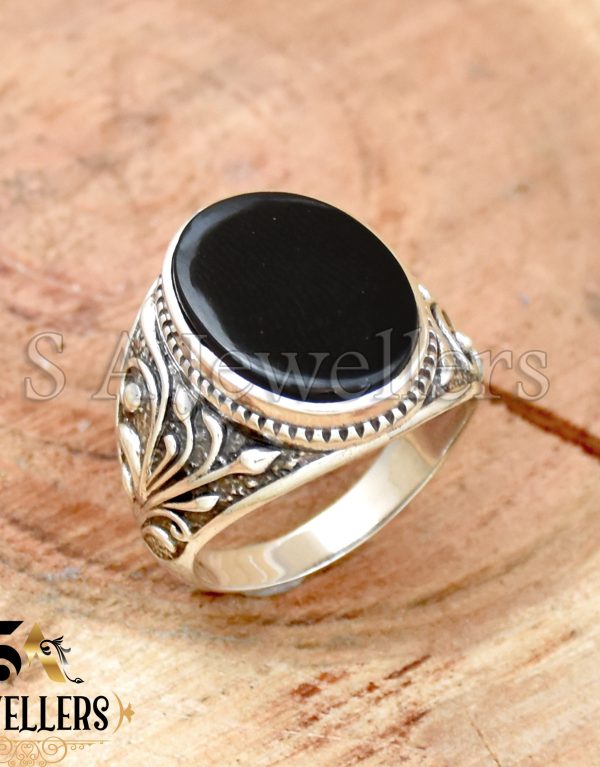 Black Onyx Ring, Textured Ring, 925 Sterling Silver Ring