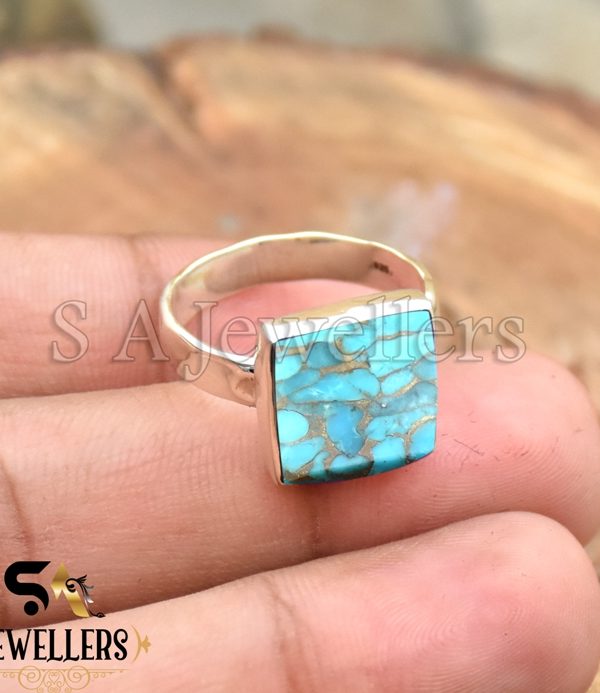 Blue Copper Turquoise Ring, 925 Sterling Silver Ring, Handmade Jewelry