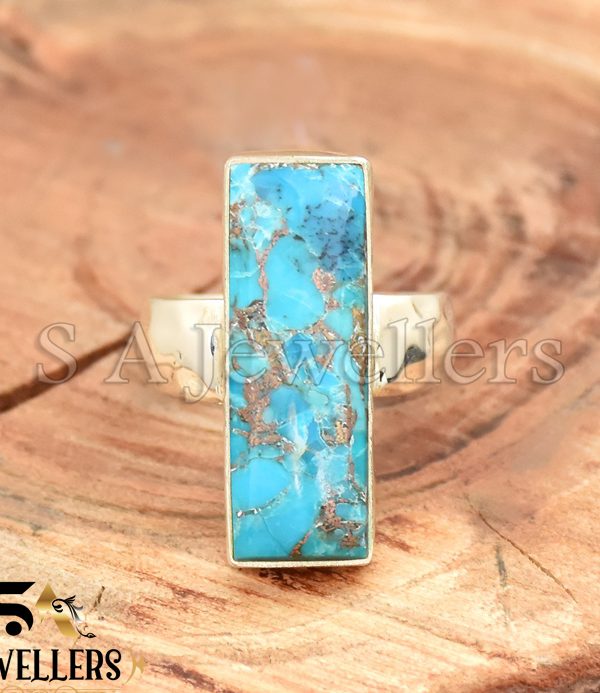 Blue Copper Turquoise Ring, 925 Sterling Silver Ring, Hammered Band Ring,