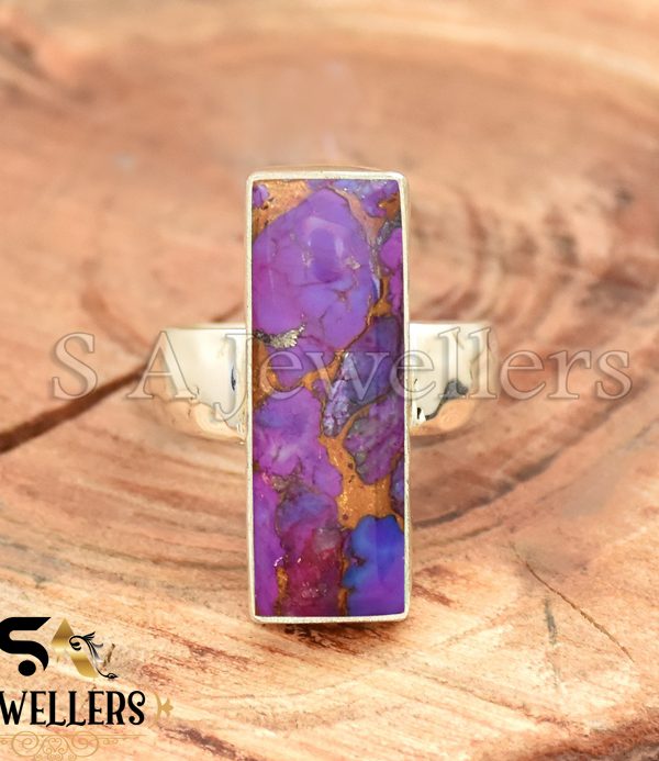 Purple Copper Turquoise Ring, 925 Sterling Silver Ring, Hammered Band Ring,