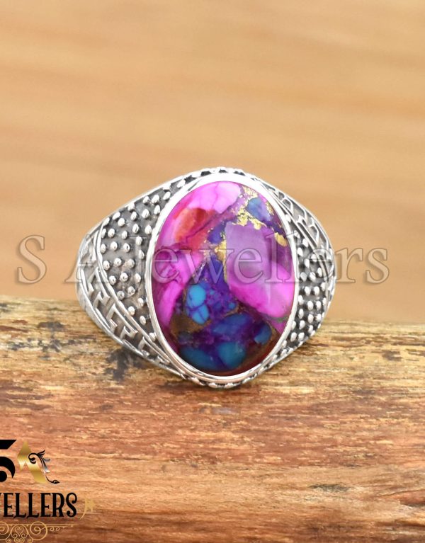 Kingman Pink Dahlia Turquoise Ring, 925 Sterling Silver Ring, Statement Ring, Gift For Her