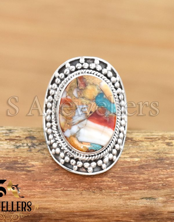 Oyster Copper Turquoise Ring, 925 Sterling Silver Ring, Flat Gemstone Ring