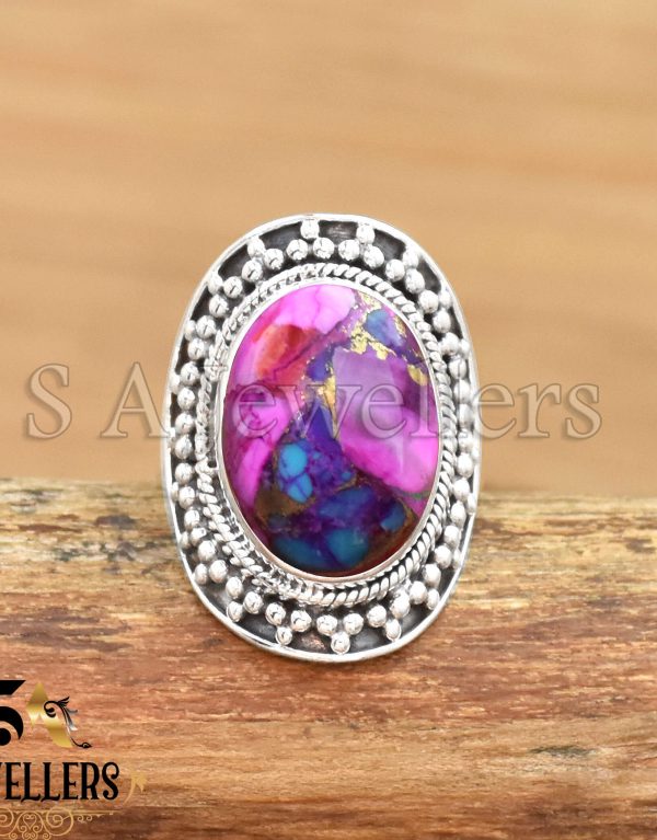 Kingman Dahlia Pink Copper Turquoise Ring, 925 Sterling Silver Ring
