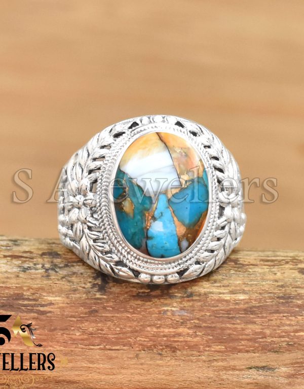 Oyster Copper Turquoise 925 Sterling Silver Ring, Flower Silver Jewelry