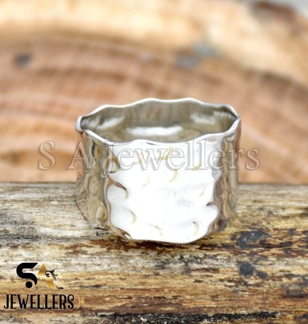 Hammered 925 Sterling Silver Band Ring, Wide Band Ring