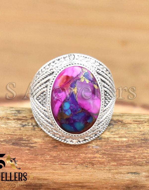 Kingman Pink Dahlia Turquoise Ring, 925 Sterling Silver