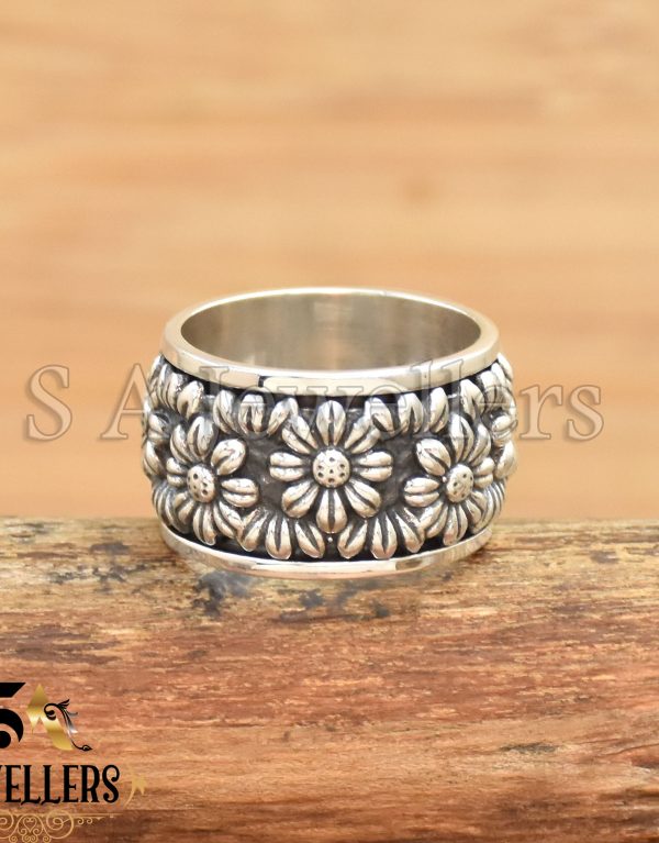 Spinner Wide Band Ring, 925 Sterling Silver Ring, Flower Ring