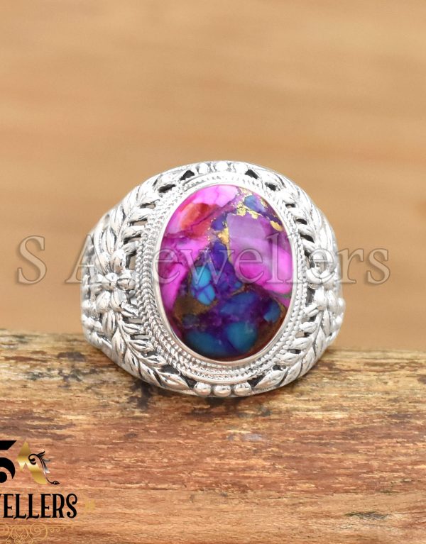 Kingman Dahlia Pink Copper Turquoise, 925 Sterling Silver Ring, Flower Jewelry