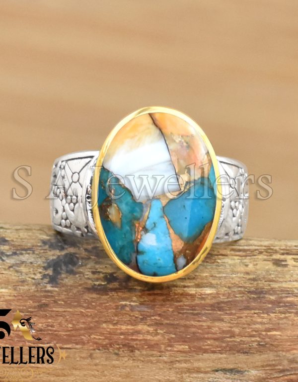 Oyster Copper Turquoise Ring, 925 Sterling Silver Ring, Tow Tone Ring