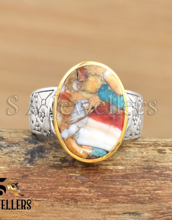 Oyster Copper Turquoise Ring, 925 Sterling Silver Ring, Flat Gemstone Ring