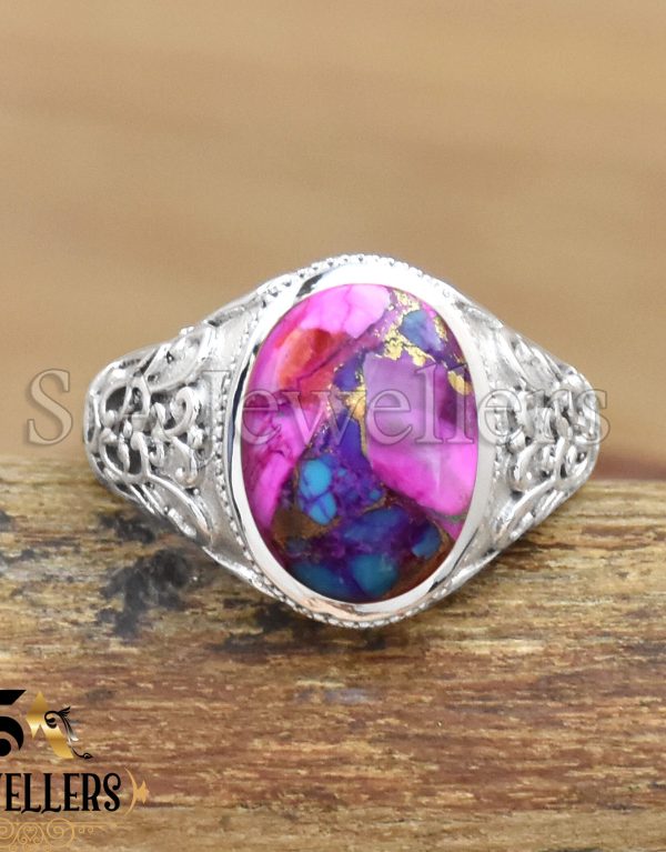 Kingman Dahlia Pink Copper Turquoise Ring, 925 Sterling Silver Ring