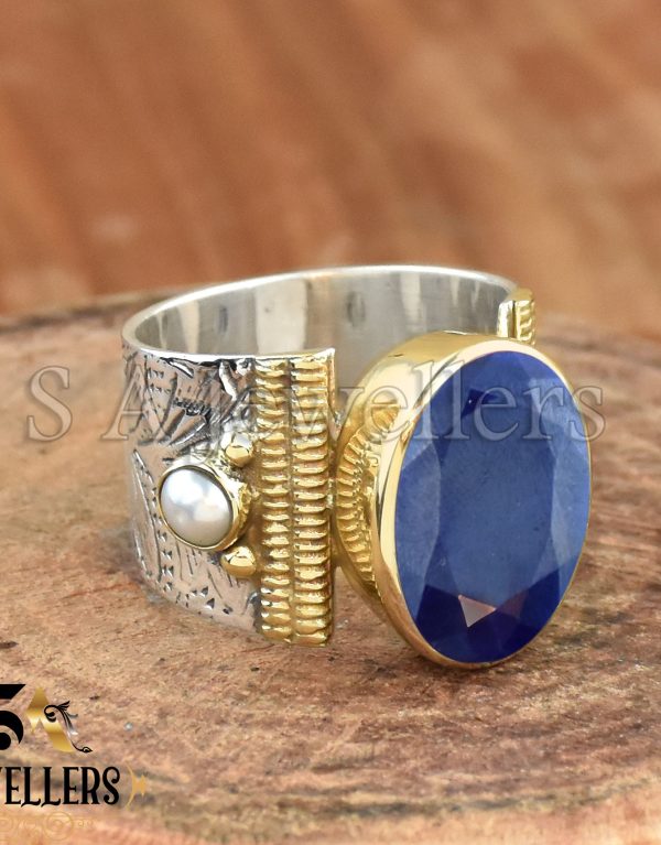 Blue Sapphire Ring, Tow Tone Ring, Textured Ring, 925 Sterling Silver Ring, Handmade Jewelry