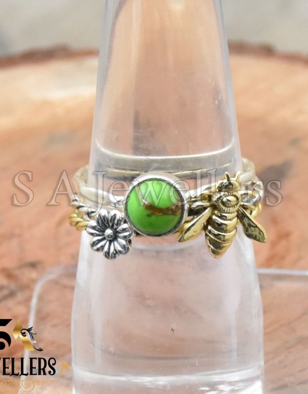 Green Copper Turquoise Ring, 925 Sterling Silver, Two Tone Ring