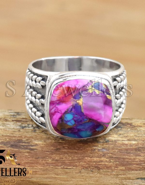 Kingman Pink Dahlia Turquoise Men's Ring, 925 Sterling Silver Ring, Handmade Jewelry
