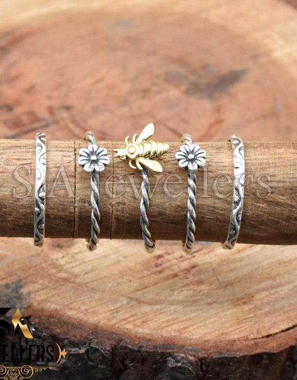 Flower Bee Ring, 925 Sterling Silver Ring, Five Band Ring, Two Tone Ring