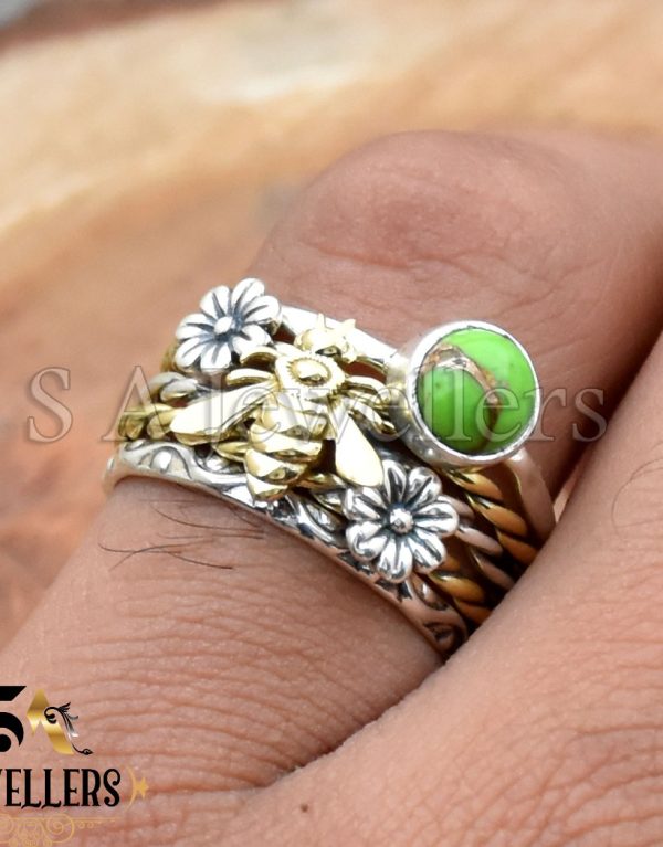 Green Copper Turquoise Ring, 925 Sterling Silver, Two Tone Ring