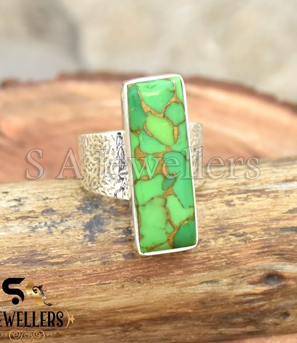 Green Copper Turquoise Ring, 925 Sterling Silver Ring, Handmade Ring,