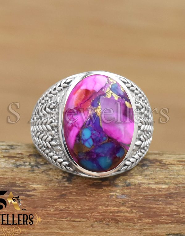 Kingman Pink Dahlia Turquoise Ring, 925 Sterling Silver Ring, Statement Ring, Gift For Her