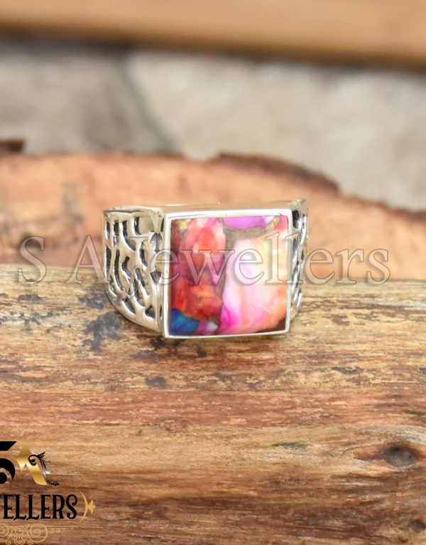 Kingman Pink Dahlia Men's Ring, 925 Sterling Silver Ring, Oyster Turquoise Ring,