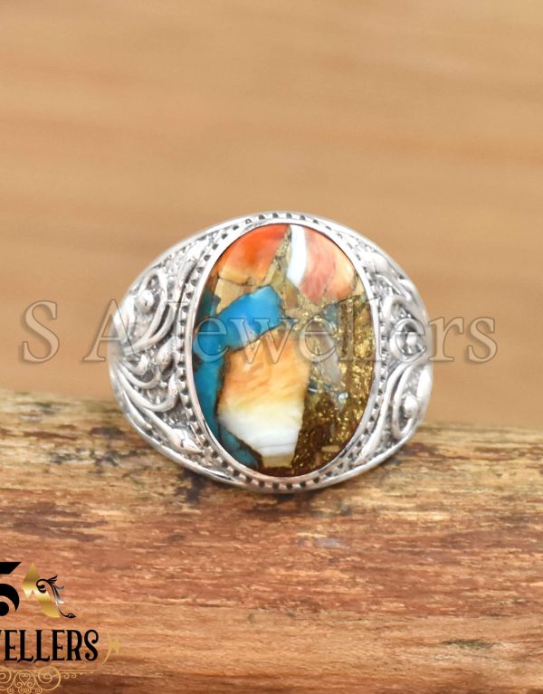 Oyster Copper Turquoise Men's Ring, 925 Sterling Silver Ring, Statement Ring, Gift For Her