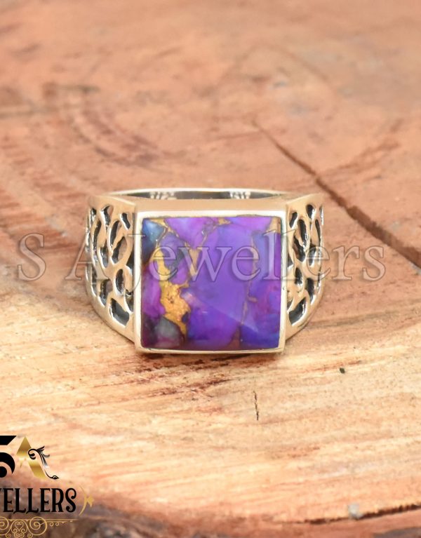 Purple Copper Turquoise Men's Ring, 925 Sterling Silver Ring, Handmade Jewelry