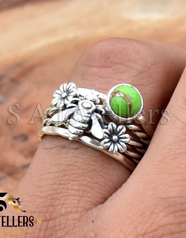 Green Copper Turquoise Ring, 925 Sterling Silver, Garden Stacker Ring