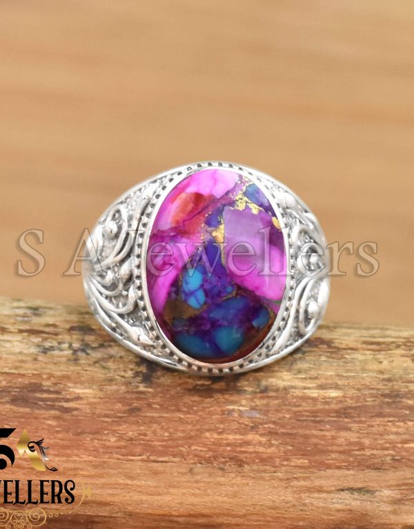 Pink Oyster Copper Turquoise Men's Ring, 925 Sterling Silver Ring, Statement Ring, Gift For Her