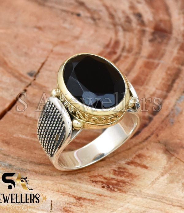 Black Onyx Ring, 925 Sterling Silver Ring, Tow Tone Ring, Handmade Jewelry