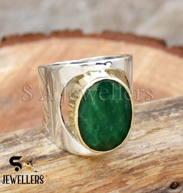 Indian Emerald Ring, 925 Sterling Silver Ring, Wide Band, Two Tone Ring
