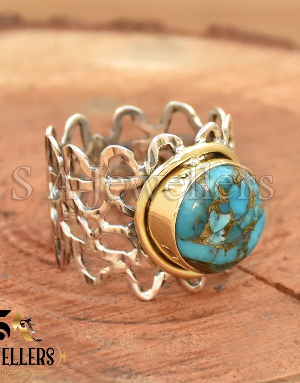 Blue Copper Ring, 925 Sterling Silver Ring, Tow Tone Ring,