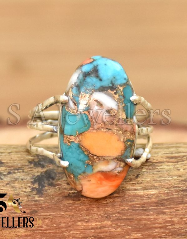 Oyster Copper Turquoise Ring, 925 Sterling Silver Ring