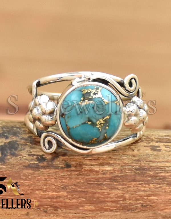 Blue Copper Turquoise Ring, 925 Sterling Silver Ring, Flower Ring