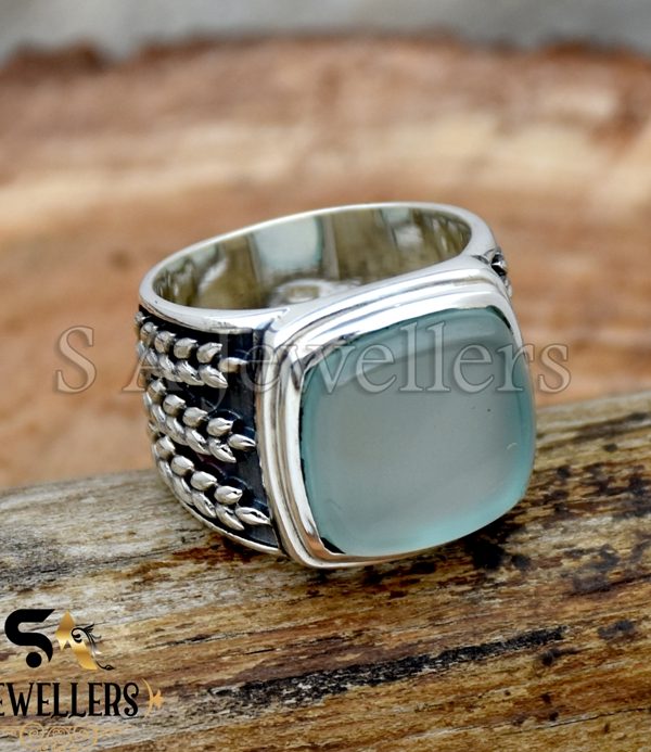 Aqua Chalcedony Men's Ring, 925 Sterling Silver Ring
