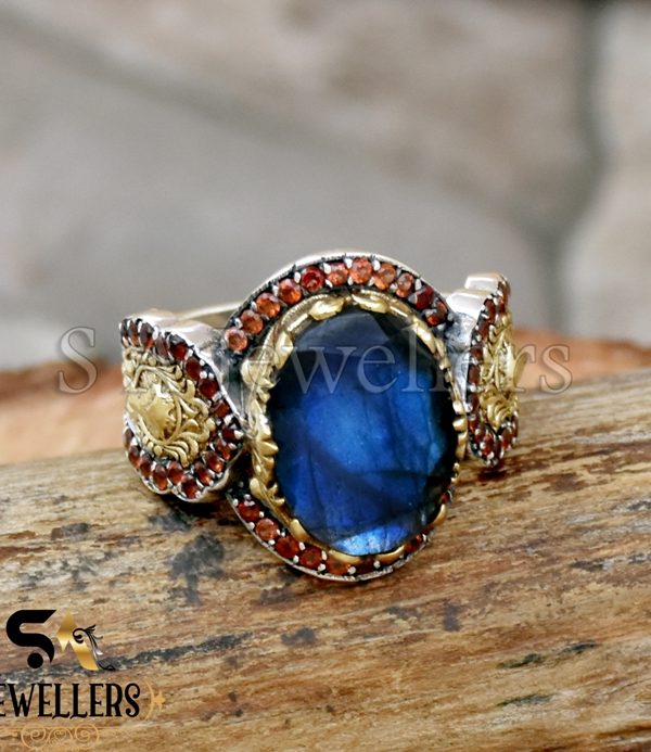 Blue Labradorite & Garnet Ring, 925 Sterling Silver, Handmade Two Tone Ring
