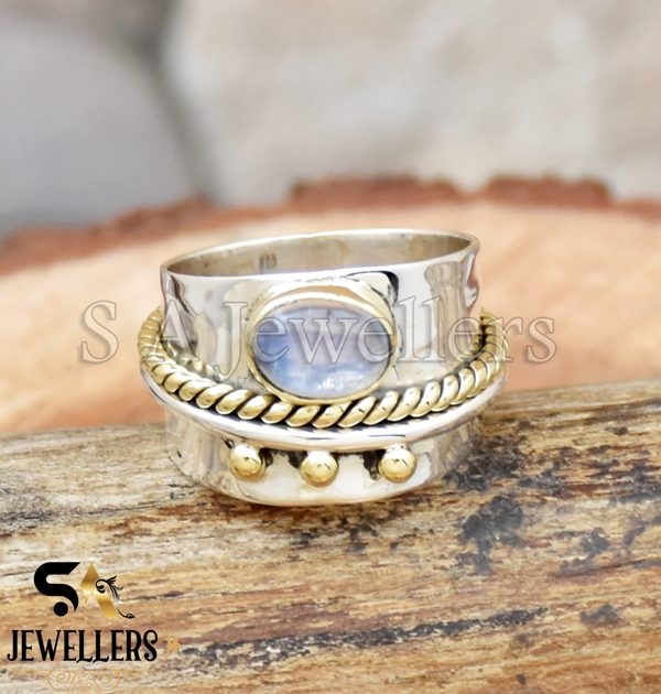Rainbow Moonstone Ring, 925 Sterling Silver Ring, Twisted Band, Two Tone Ring