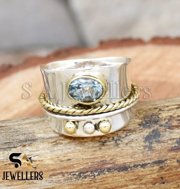 Blue Topaz Ring, 925 Sterling Silver Ring, Twisted Band, Two Tone Ring