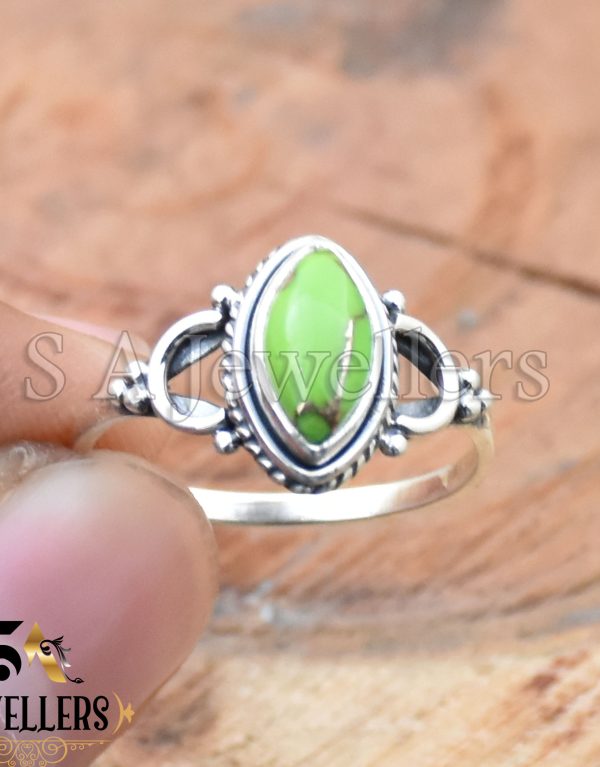 Green Copper Turquoise Ring, 925 Sterling Silver, Handmade Ring