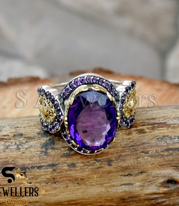 Natural Amethyst Ring, 925 Sterling Silver, Women's Ring, Two Tone Ring