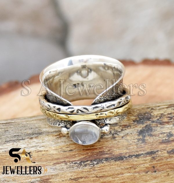 Moonstone Spinner Ring, 925 Sterling Silver Ring, Wide Band Ring, Two Tone Ring