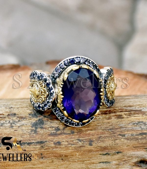 Natural Amethyst & Iolite Ring, 925 Sterling Silver, Women's Ring, Two Tone Ring