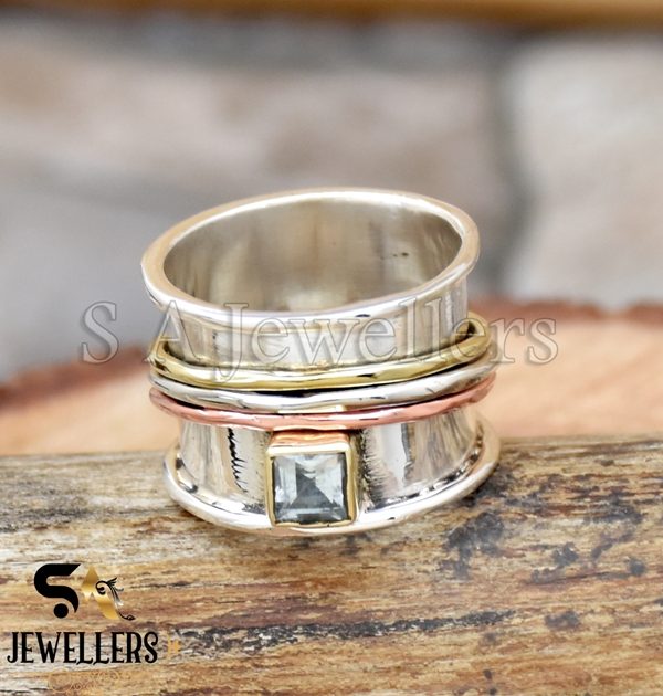 Blue Topaz Spinner Ring, 925 Sterling Silver Ring, Wide Band, Three Tone Ring