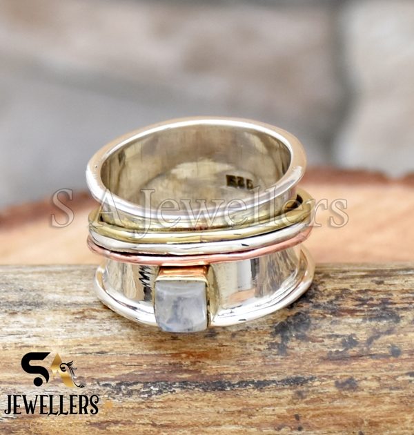 Spinner Moonstone Ring, 925 Sterling Silver Ring, Wide Band, Three Tone Ring