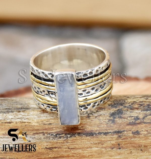 Spinner Moonstone Ring, 925 Sterling Silver Ring, Wide Band, Two Tone Ring