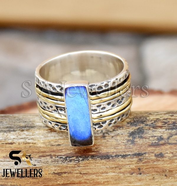 Labradorite Spinner Ring, Wide Band, 925 Sterling Silver Ring, Two Tone Ring