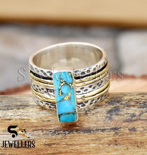 Blue Copper Turquoise Spinner Ring, 925 Sterling Silver Ring, Two Tone Ring