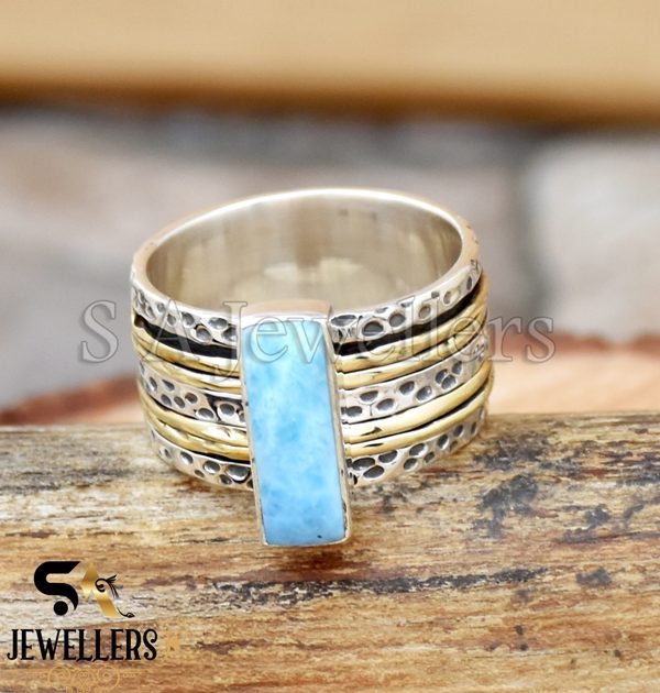 Natural Larimar Spinner Ring, 925 Sterling Silver Ring, Two Tone Ring