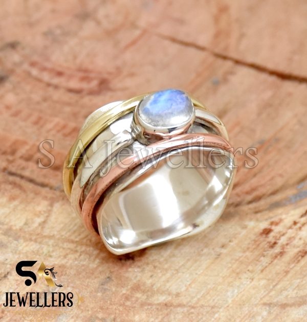 Moonstone Spinner Ring, 925 Sterling Silver Ring, Wide Band, Three Tone Ring