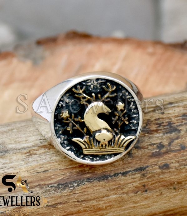 925 STERLING SILVER BAS SIGNER DEER HUNTER ANIMAL RING