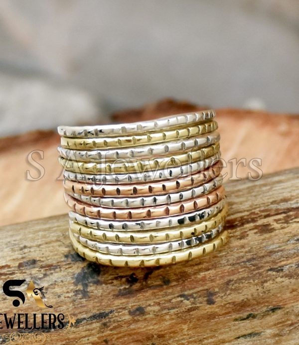 Zigzag Notched Ring, Handmade Wraparound Ring, 925 Sterling Silver, Three Tone