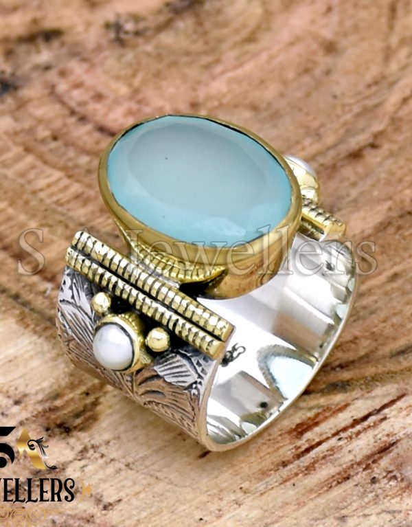 Blue Chalcedony Ring, Tow Tone, Textured Ring, 925 Sterling Silver Ring, Handmade Jewelry